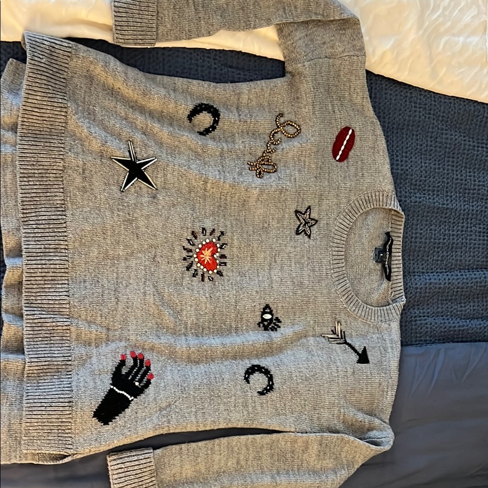Gray Crew Neck Sweater with Whimsical Embroidery